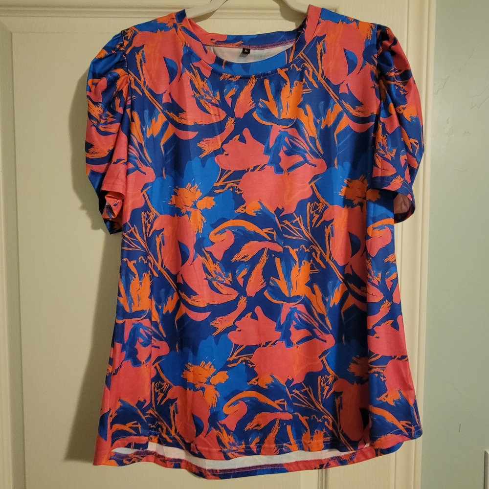 Floral Puff Sleeve Top - Blue and Pink